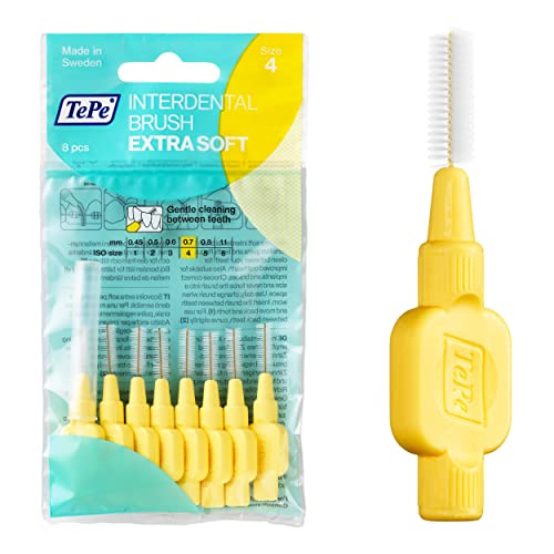 Image of TePe Interdental Brush Extra Soft, Supersoft Dental Brush for Teeth Cleaning, Pack of 8, 0.7 mm, Medium Gaps, Yellow, Size 4 | Effective cleaning between teeth, Plaque remover, for Sensitive gums and teeth, Brush for small gaps