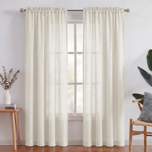 Turquoize Linen Sheer Curtains Natural Linen Semi Sheer Curtains Light Filtering Burlap Curtain Rod Pocket Window Treatments Panels/Drapes, Privacy Assured, 84 Inches Length (2 Panels, Ivory)
