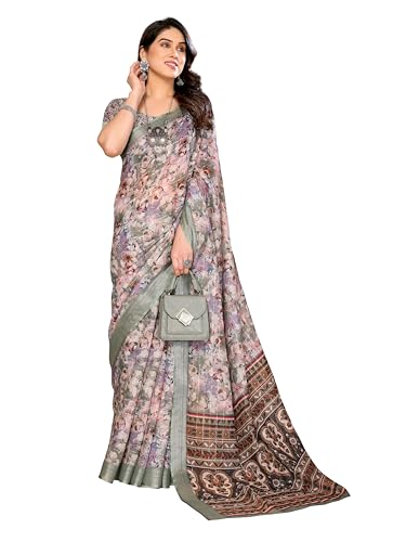 Image of Sidhidata Women's Cotton Linen Blend Lining Digital Printed Saree With Unstitched Blouse Piece (Linen Lining Saree)