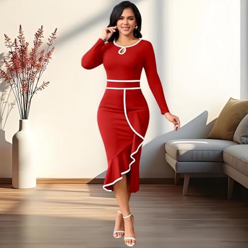 Image of Women's Elegant Church Vintage Bodycon Dress Casual Long Sleeve Work Business Pencil Split Sheath Midi Dresses