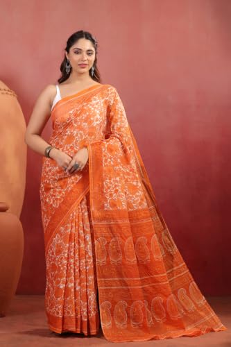 Image of TAMAIRA FASHION White Mulmul Pure Cotton Saree For Woman Floral Printed |Office Wear Daily Wear Sarees For Women Without Blouse Piece (Available in 16 Colours)