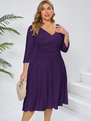 Image of Plus Size Dresses for Women A-Line V-Neck Swing Flowy 3 /4 Sleeve | 3 /4 sleeve,v neck,pockets,casual,cocktail,wedding,holiday,home,work,date party,vacation,outdoor