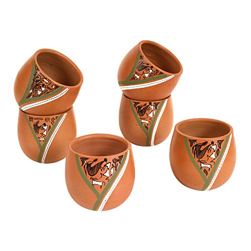 Image of AAKRITI ART CREATIONS Knosh-K Earthen Kullads with Tribal Motifs Set of 6 | kullad Set | Multipurpose Utility Cups | Warli Art Terracotta kullads | Matte Finish, Terracotta Cup