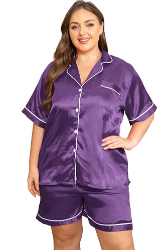 Image of Vozanet Women's Short Sleeve Satin Pajama Sets Silky Ladies Button Down Loungewear Plus Size Nighty Shorts Sets XL to 5XL