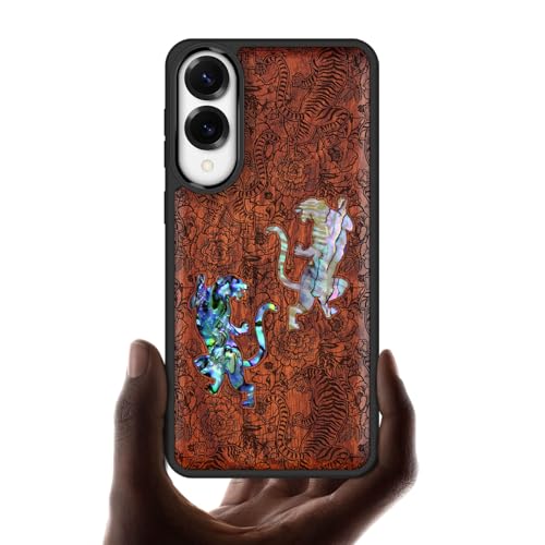 Carveit Magnética Funda para Samsung Galaxy S25 Edge [Grabado en Madera e incrustación de mejillones] con Madera y Silicona Híbrido Galaxy S25 Edge Carcasa (Rosa-Tigre Entre Flores)