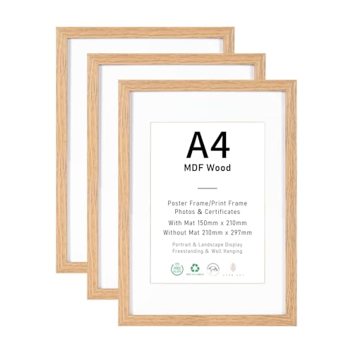 Bilderrahmen A4 MDF Holz Natur 3er Set 21x29.7cm Fotorahmen DIN A4 Rahmen mit Acrylglas Picture Frame 21x30 zum Aufhängen 30x21 Holzrahmen mit Passepartout für A5 Dokumente Zertifikate Fotos Poster