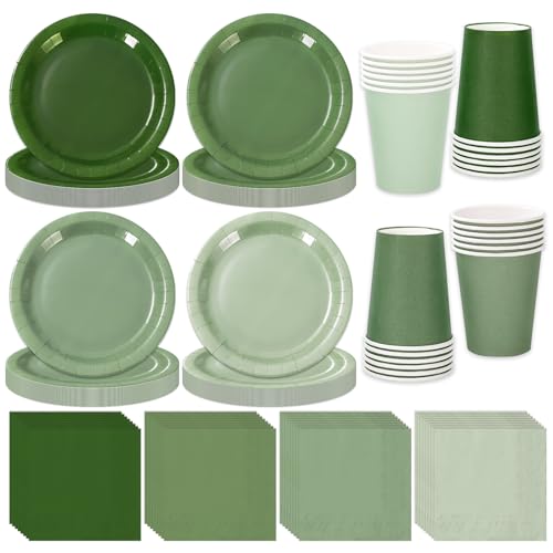 Whaline 244Pcs Sage Green Tableware Set Serves 48 Gradient Green Disposable Dinnerware 48 9" Plates 48 7" Plate 48 9oz Cups 100 Napkins for Wedding Birthday Party Supplies