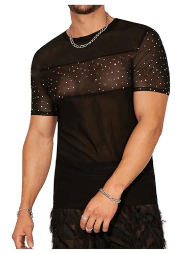SweatyRocks Men's Rhinestone Sheer Mesh Short Sleeve Crew Neck T Shirts Party Tops