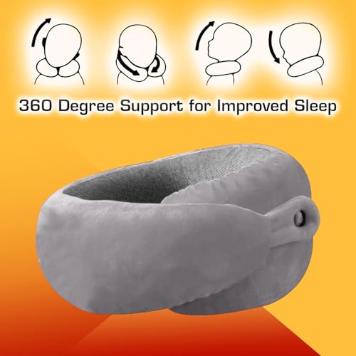Image of Billebon Memory Foam Travel Neck Pillow with Magnetic Fabric Luxury Neck Support Pillow for Comfortable Travel, Washable Removable Cover (Grey with Eye Mask)