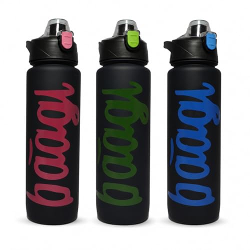 Image of Pack of 3 Matte Black Water Bottles (Pink, Green, Blue) | Leakproof Flip Lid Sports Bottles | BPA Free, Durable Gym & Office Water Bottle Combo
