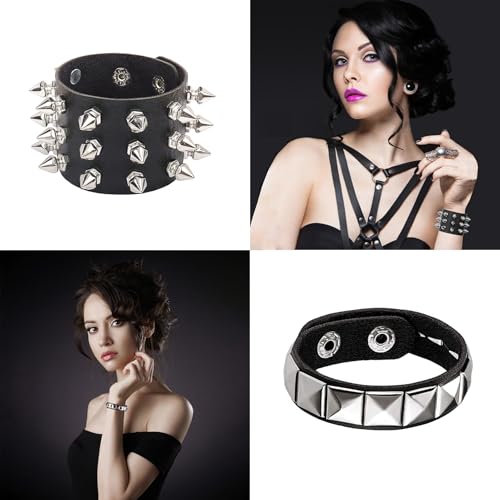 6Pcs Punk Goth PU Leather Bracelet Studded Spike Rivet Buckle Wristband Cuff Bangle Black Gothic Steampunk for Men Women Unisex 80s Cool Rock Style Party Favors Jewelry Cosplay Night Club Sexy Gift Halloween Christmas Accessories2