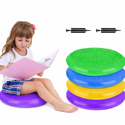 Inflated Wobble Cushion 34CM Inflatable Air Stability Cushion Balance Board with Pump Non-slip Balance Disc Sitting Posture Trainer Wiggle Seat for Office School Home Equipment (4 PCS)