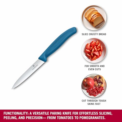 Image of Victorinox Swiss Made Stainless Steel Swiss Classic Paring Knife, 10 cm, Serrated Edge with Pointed Tip, Professional and Household Kitchen Tools, Kitchen Items, Blue, 6.7732.C1 | Multipurpose Knife