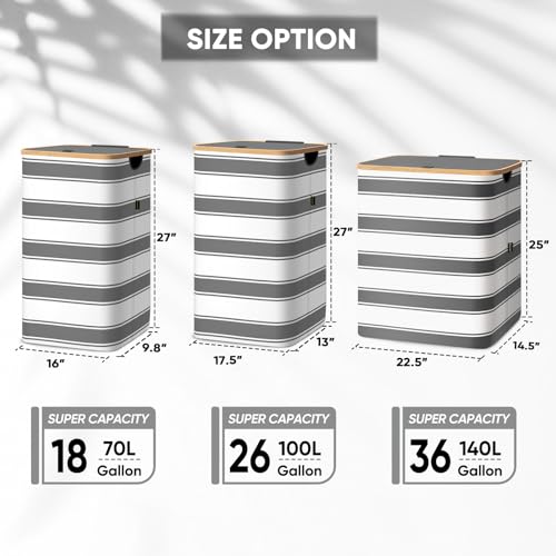 Image of BALEINE Laundry Hamper with Lid, Tall Laundry Baskets with Bamboo Pull Handles, Large Laundry Bin with Internal Support (18 Gal /70L, Grey Stripe)