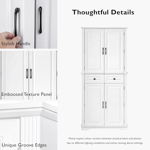 Image of Ball & Cast 71″Tall Farmhouse Kitchen Pantry Cabinet with 3 Pull Out Shelves & 2 Large Drawers,Versatile Pantryl Storage Cabinet w / 6 Door Shelf & Adjustable Shelves for Kitchen,Dining Room,White