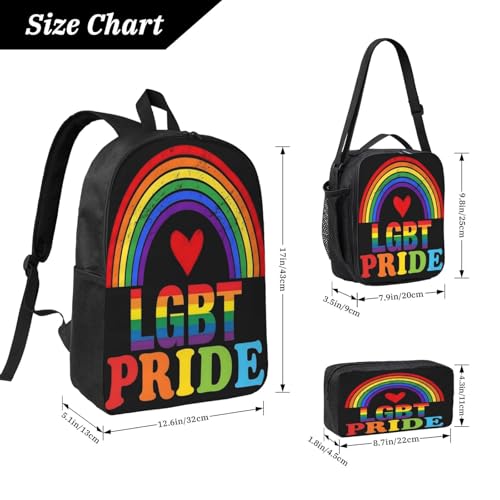 LGBT Rainbow Gay Pride Love Heart 17 Inch Backpack Sets Lunch Bag Lightweight Daypack for Men Women 3Pcs2