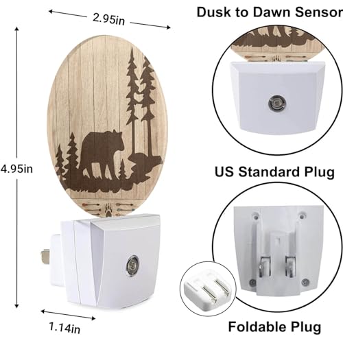 Image of Bear Night Lights Plug into Wall Wildlife Cute Brown Bear Trees Woods Silhouette Night Light Dusk to Dawn Sensor LED Lighting for Bedroom Bathroom Living Room