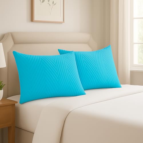 Image of RD TREND Cotton Quilted Pillow Cover Set of 2 |Ultra-Soft, Cooling & Breathable | Skin & Hair Friendly | Hidden Zipper Pillowcases for Bedroom |Standard Size 18x28 Inches, Aqua