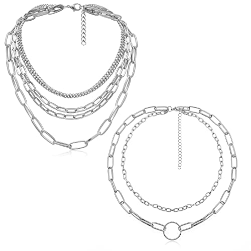 MOKAVIKY 25 Layered Necklaces for Women - Simple Punk Chunky Necklaces with Silver Chain - Goth Style (2pcs)