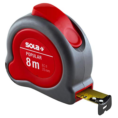 SOLA POPULAR - Bandmaß 8m / 25mm - Profi-Rollbandmaß mit Gürtelclip - Stahlband, gelb lackiert mit mm Skala - Genauigkeitsklasse II - Rollmeter mit beweglichem Endhaken - Metermaß Länge - 8m / 25mm