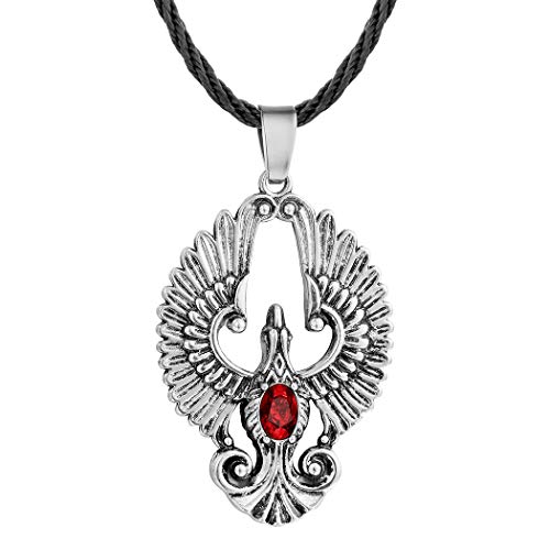 AILUOR Stainless Steel Charm Created Ruby Phoenix Pendant Necklace Scandinavian Antique Gothic Viking Slavic Amulet Bird of Wonder Animal Rope Necklace Fashion Jewelry for Women Men (Silver)