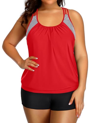 Image of Womens Plus Size Tankini Swimsuit Two Piece Tummy Control Bathing Suit | Blouson Racerback Tankini Top with Shorts, Double Up Design, Removable Pad