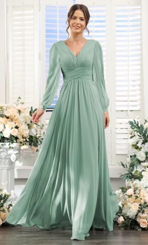 YOFF V-Neck Long Sleeves Bridesmaid Dresses Long with Slit Pleated Chiffon A-line Formal Party Dresses with Pockets YO0903