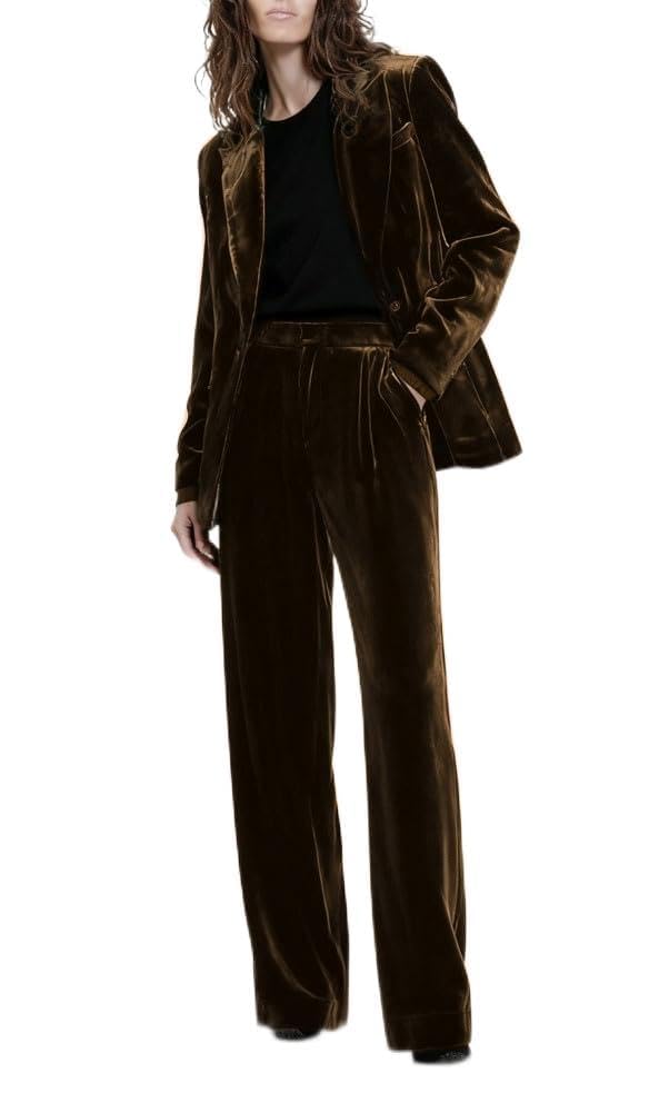 Velvet Suit for Women 2 Pieces Double Breasted Office Lady Outfits Peak Lapel Blazer and Pants