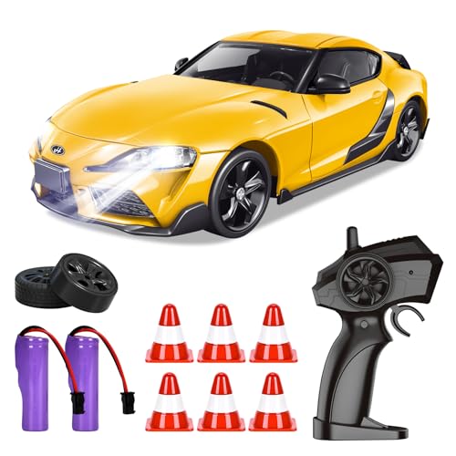 BuzzoXerex Coche Teledirigido Drift, 1:24 Drift RC Car, 18km/h 4WD Mini Coche Teledirigido con Kit Barricada, Luces LED, Radiocontrol Coche de Juguete para Adultos y Niños Mayores de 6 Años (Amarillo)