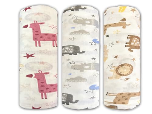 Image of Trance Home Linen Super Ultra Soft 100% Cotton Malmal Baby Swaddle Cloth,Soft Pure Cotton Sheets Baby Wrap Set for New Born Babies,New Born Swaddle Cloth(100x100 cm,Animals,Pack of 3),TC,200,Assorted