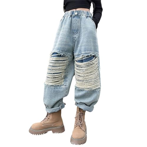 Girls Ripped Jeans Elastic Waist Denim Baggy Pants Wide Leg Straight Distressed Jeans with Pockets Streetwear Clothes2