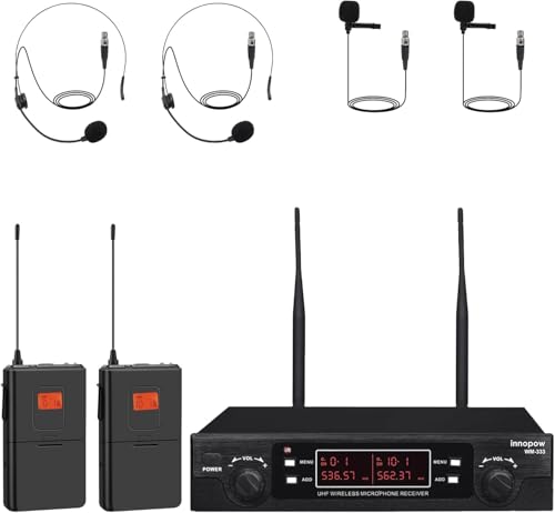 innopow 200-Channel Wireless Lavalier Microphone, Dual UHF Bodypack Cordless Lavalier Mic System...