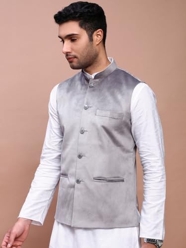 Image of SHOWOFFFF Men Solid Ethnic Nehru Jacket | Mandarin Collar Sleeveless Suede NehruJacket for Mens | Slim Fit Regular Length NehruJackets for Men's
