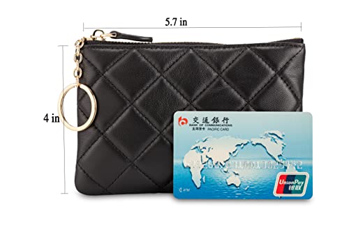 Image of DORIS&JACKY Soft Lambskin Leather Coin Purse Small Quilted RFID Blocking Top Zipper Wallet With Key Chain