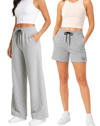 Image of Stylbase Women's Wide Leg Combo Track Pants - Elastic Drawstring Waist - Soft Breathable Cotton Relaxed Fit Lounge & Travel Trousers for Women & Girls (Pack of 2)