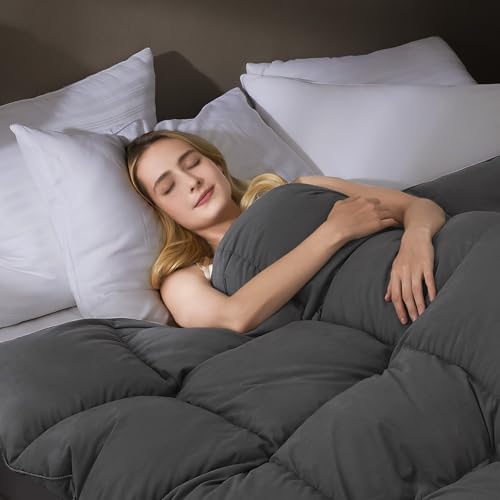 downluxe Goose Feather Down Fiber Comforter California King Size, All Seasons Duvet Insert California King, 3D Baffle Box Fluffy Grey Comforter California King with Corner Tabs, 104"x96"