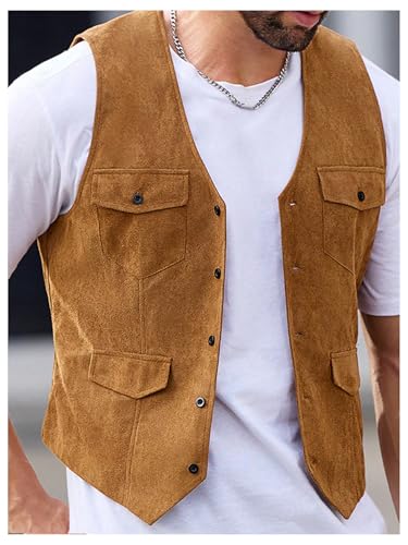 GORGLITTER Men's Western Cowboy Vest Sleeveless V Neck Single Breasted Casual Waistcoats Vests3
