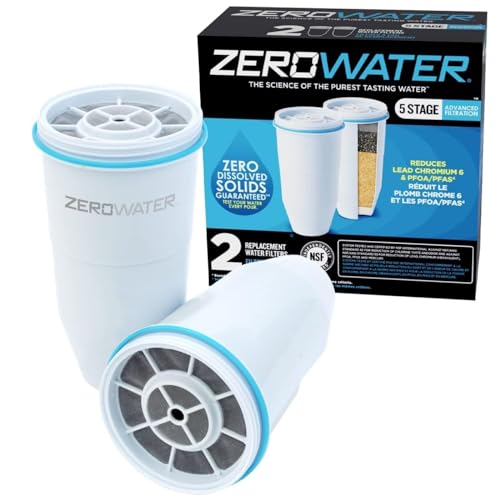 ZeroWater Filtri Caraffa Acqua a 5 Fasi, Filtri Caraffa Filtrante con Certificazione NSF - Filtri Acqua - Riducono la Presenza di Piombo, PFOA/PFOS e Altri Metalli Pesanti - Confezione da 2, Bianco