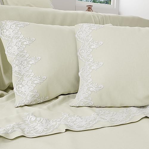 PETTI Artigiani Italiani - Lenzuola Percalle, Lenzuola Matrimoniali con Merletto, Lenzuola Cotone Percalle, Completo Letto Matrimoniale, Lenzuola con Pizzo Panna 100% Made in Italy
