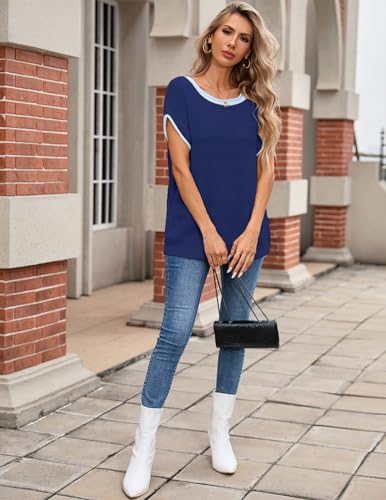 Image of Libsorge Womens Oversized Lightweight Cute Striped Sweater Vest Spring 2025 Crewneck Hollow Out Thin Cap Sleeve Knit Top