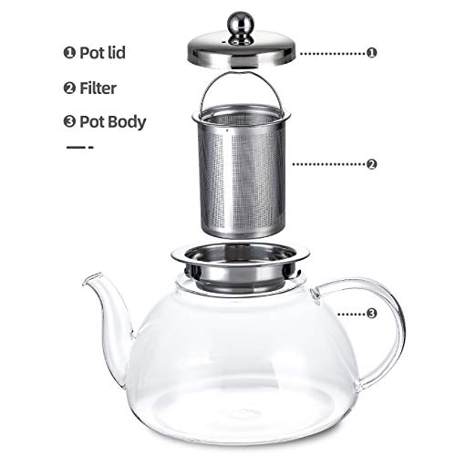 SULIVES Glass Teapot with Stainless Steel Infuser & Lid, Borosilicate Glass Flower Tea Kettle Stovetop Safe, Blooming & Loose Leaf Teapots, 34 oz / 1000 ml (800ML, Clear)