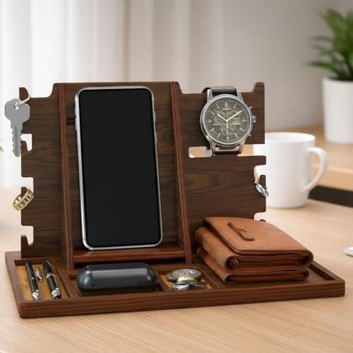 Image of Luxury Wooden Valet Docking Station for Men Mobile, Wallet Organizer with Key Holder and Accessory Tray Executive Desk & Bedside Table Stand Size | Size: 11 x 8 x 6 Inch