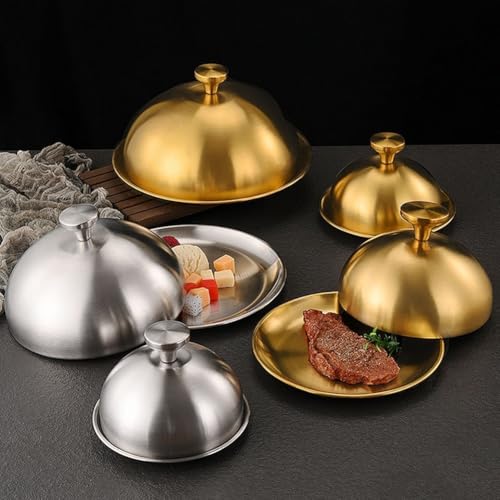 Moderno coperchio rotondo in acciaio inox per barbecue e piatti teppanyaki, con struttura e comoda maniglia per la manipolazione (14 cm dorato)