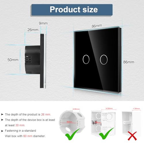 CNBINGO Dimmer Switch for Dimmable LED - 2 Gang Touch Light Switch - Black Wall Switch with Glass Panel and Status-LED Backlight - Single Dimmer Switch with a free Adapter - Image 3