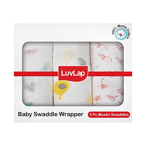 Image of Luvlap C-10 Baby Wooden Cot (Cherry Red, Small) Muslin Swaddle Birds White