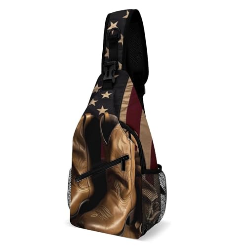 Mochila Sling con bandera americana y botas de vaquero