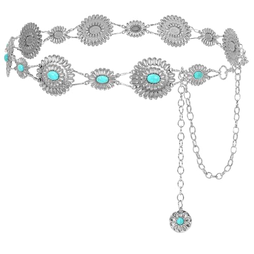 VONMELLI Damen Concho Kettengürtel Western Cowgirl Taillengürtel Türkis Metallkettengürtel für Kleid Silber mit Grüntürkis S