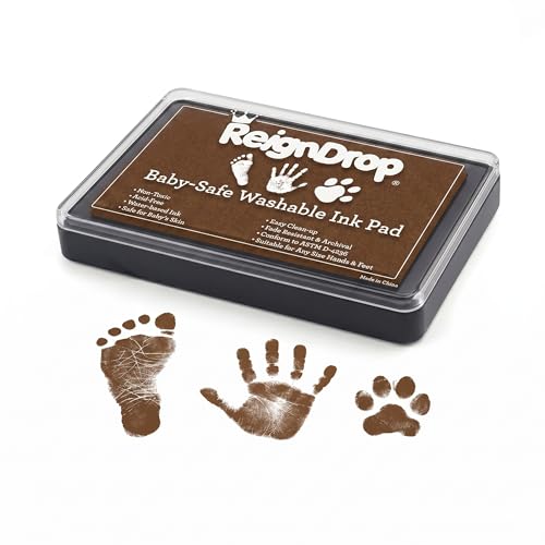 Image of ReignDrop Baby Ink Pad for Hand and Footprints, Non-Toxic Acid-Free Keepsake Kit, Smudge-Proof Archival Ink Wipes Off Skin, for Scrapbook, Photo Album, Frames & Pet Paws, Baby Gift (Brown)