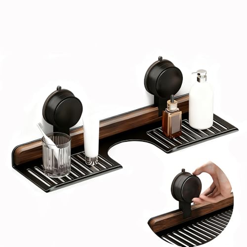 SINBINTA Walnuss Saugnapf Regal Extra Breites Waschbeckenregal mit Ablauflöchern Ohne Bohren Badezimmer Organizer Bad Möbel Wandregal Bad für Schlafzimmer Küche (Schwarz 40cm)