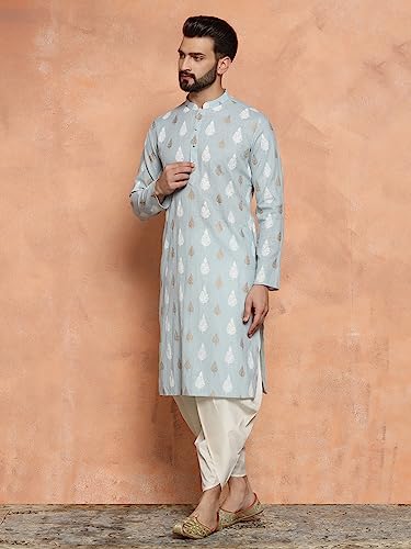 Image of KISAH Men Cotton, Full Sleaves, Knee Length, Straight, Regular Fit, Mandarin Collar Ethnic wear, Sky Blue, 40